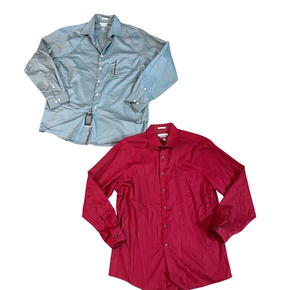 Lot of 2 Mens 16.5 Van Heusen Regular Fit Dress Shirts Lux Sateen Red and Gray - Picture 1 of 6